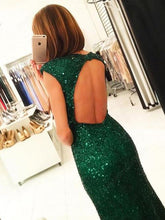 Dark Green Open Back Cap Sleeves Front Split Long Prom Dresses, Evening Dress